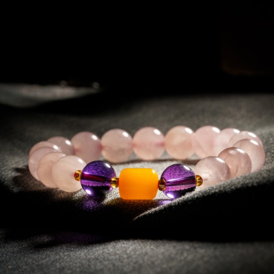 粉紫 + 蜜蜡手链 Rose Quartz + Beeswax Bracelet